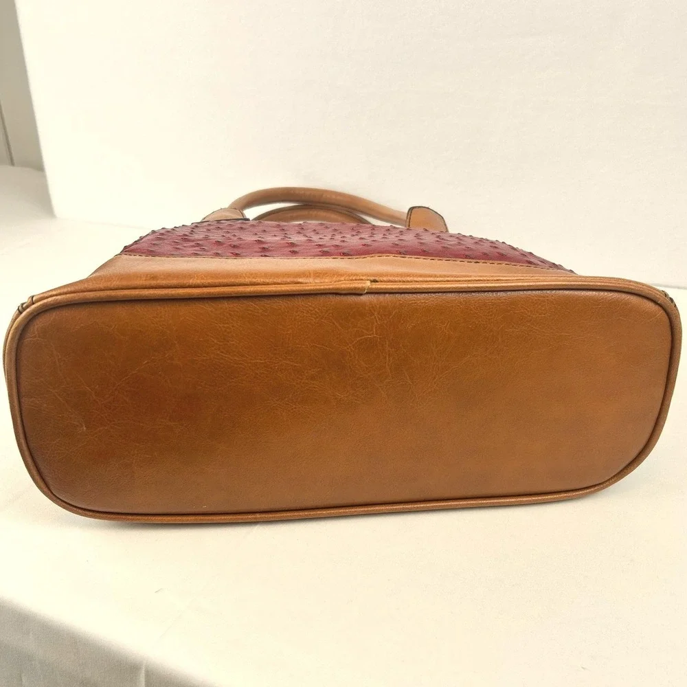 London Fog Red Ostrich Embossed Satchel Handbag Tan‎ Trim Gold Hardware